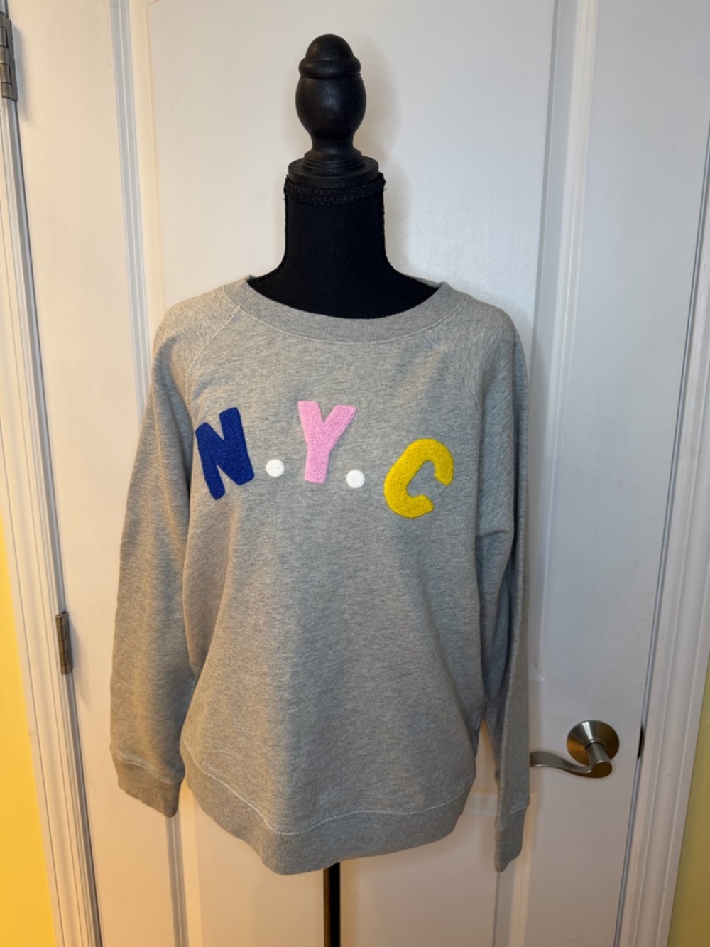 J. Crew Gray Crewneck Sweater with Colorful NYC Appliqué, size M